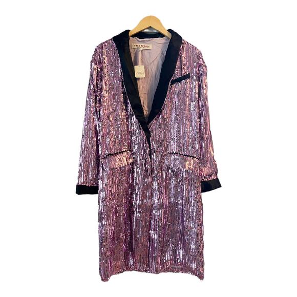 FREE PEOPLE Ella Duster Sequin Purple Combo Black Trim Jacket XS/S Oversized NWT - Picture 10 of 13
